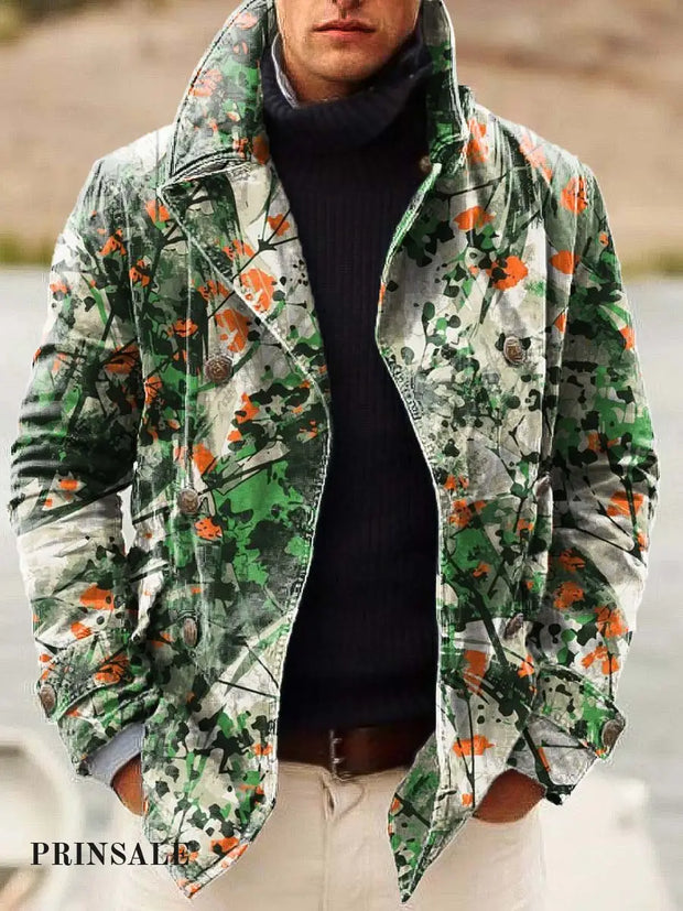 Men’s Classic Versatile Floral Fashion Print Loose Long Sleeve Double-Breasted Jacket Green / S