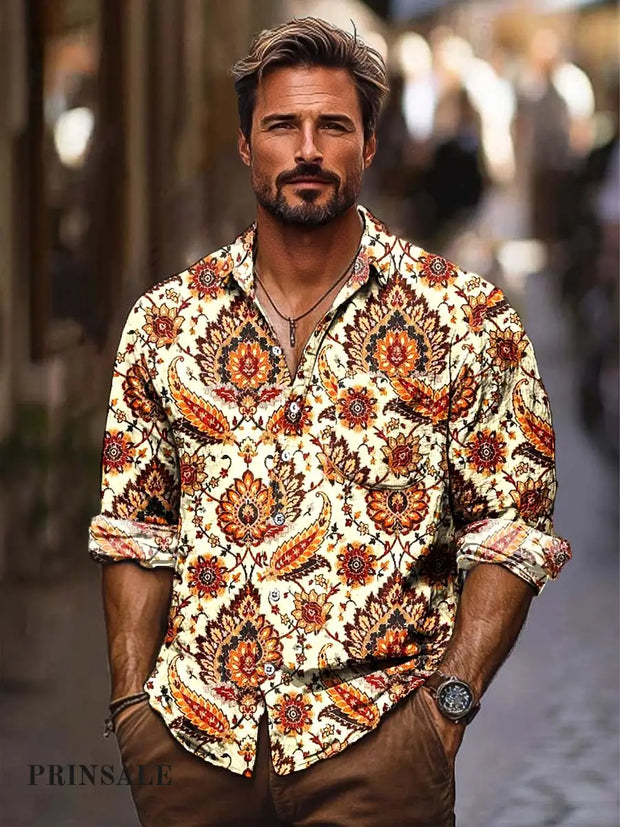 Men’s Classic Vintage Digitally Printed Long-Sleeved Shirt Apricot / S