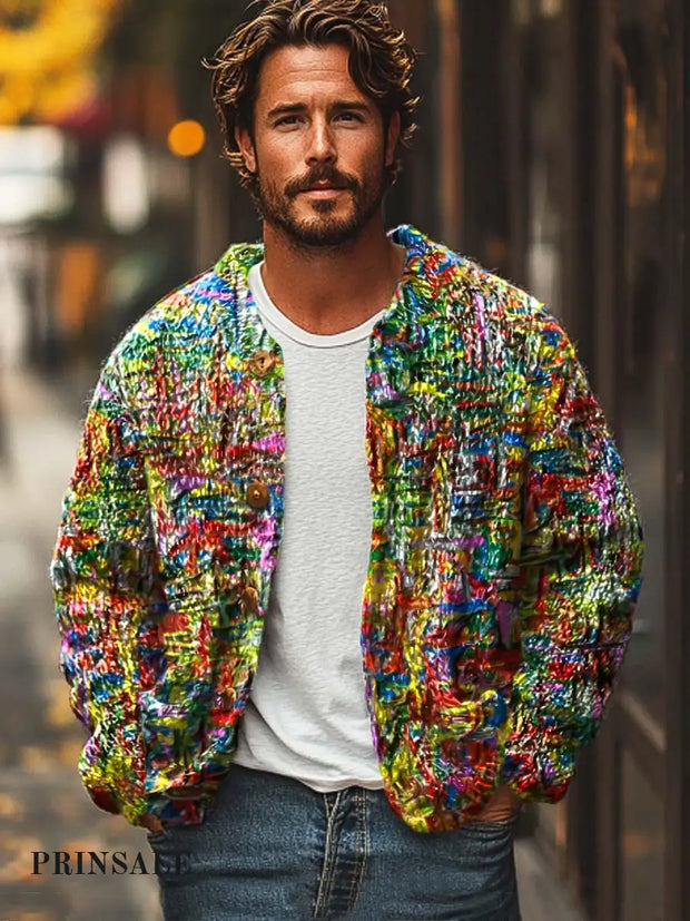 Men’s Color Art Oil Painting Fashion Handsome Digital Print Casual Loose Sweater Cardigan Jacket