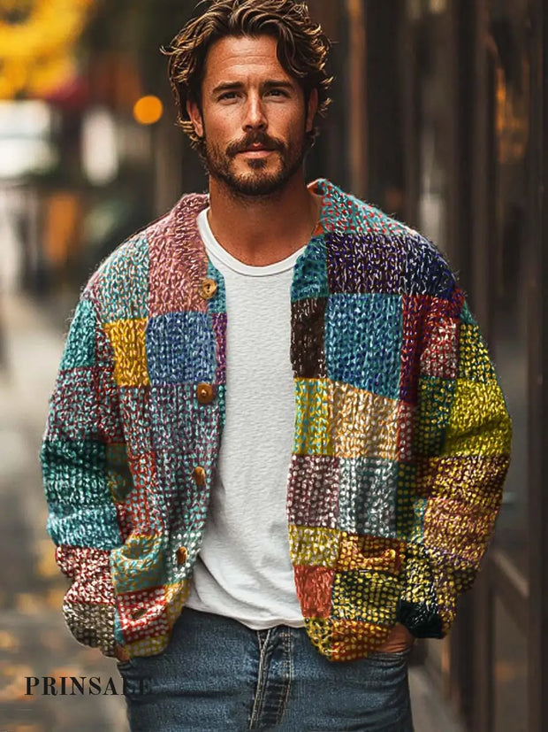 Men’s Color-Block Patchwork Printed Sweater Cardigan Flower Color / S