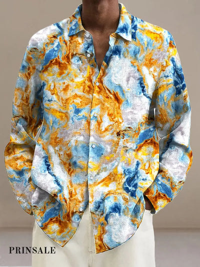 Men’s Color Collision Cotton Summer Casual Beach Shirt Long Sleeve Golden Blue / S