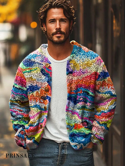 Men’s Color Lines Abstract Art Fashion Digital Print Sweater Cardigan Jacket Flower Color / S