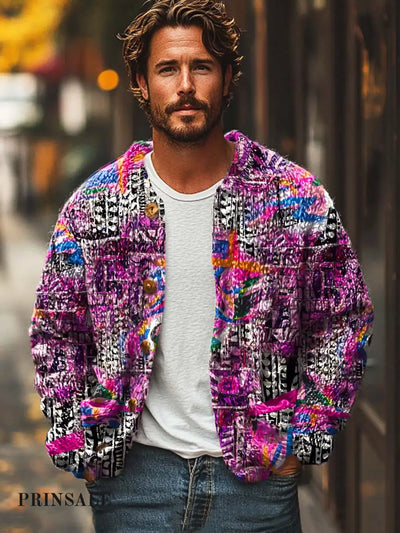 Men’s Color Print Loose Long-Sleeved Sweater Cardigan Jacket Purple / S