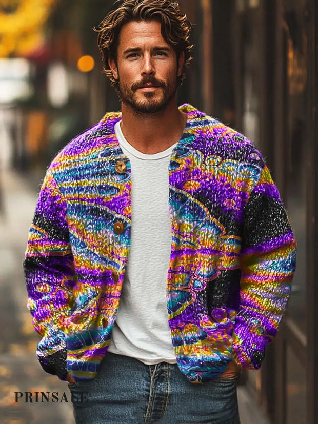 Men’s Colorful Abstract Art Fashion Digital Print Sweater Cardigan Jacket Flower Color / S