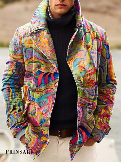 Men’s Colorful Abstract Art Print Double-Breasted Jacket Flower Color / S