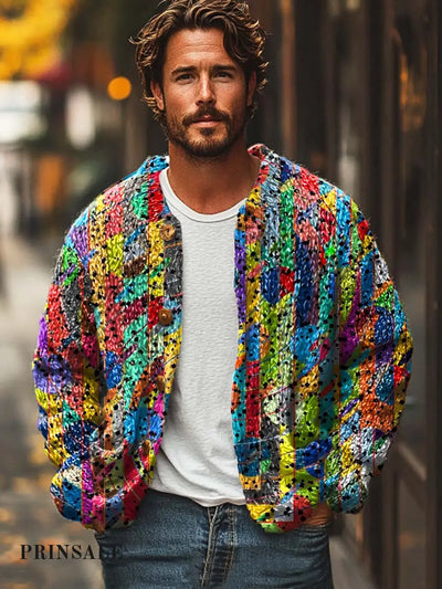 Men’s Colorful Abstract Art Print Sweater Cardigan Flower Color / S