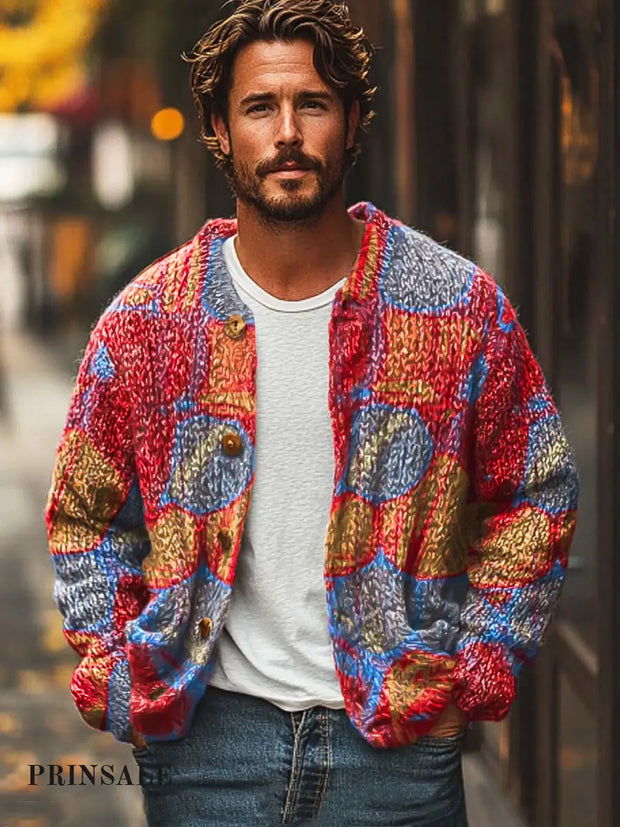 Men’s Colorful Classic Fashion Digital Print Sweater Cardigan Jacket Flower Color / S