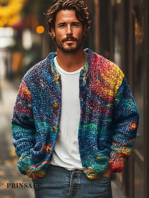 Men’s Colorful Classic Fashion Versatile Digitally Printed Sweater Cardigan Jacket Flower Color / S