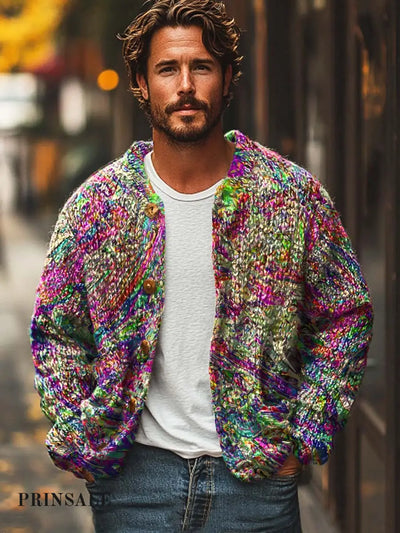 Men’s Colorful Fashion Abstract Art Print Sweater Cardigan Flower Color / S