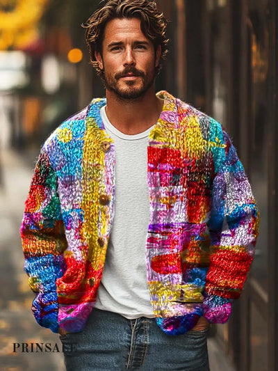 Men’s Colorful Fashion Elegant Digitally Printed Sweater Cardigan Jacket Flower Color / S