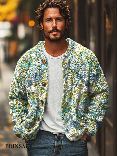 Men’s Colorful Floral Fashion Print Casual Loose Sweater Jacket Green / S