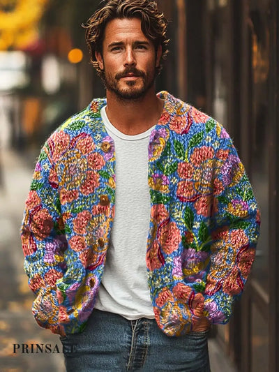 Men’s Colorful Floral Fashion Print Loose Long-Sleeved Sweater Jacket Flower Color / S