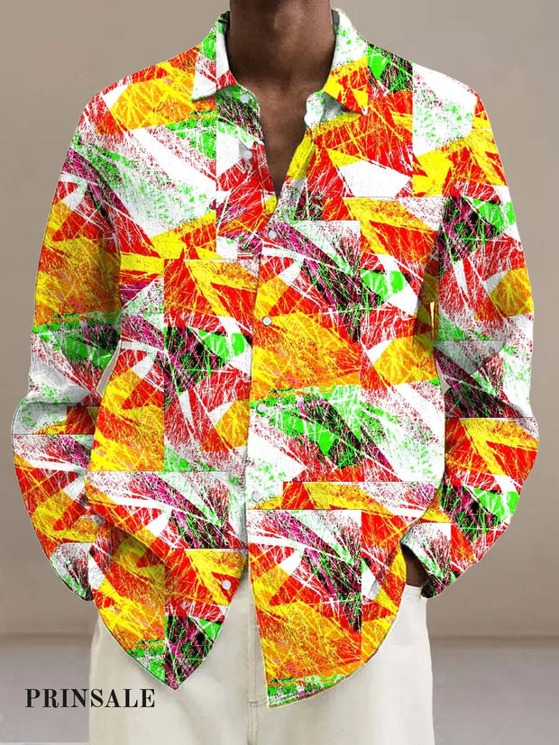 Men’s Colorful Geometric Lines Fashion Digital Print Casual Long Sleeve Shirt Flower Color / S