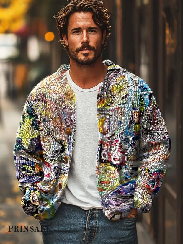 Men’s Colorful Graffiti Abstract Art Fashion Digital Print Sweater Cardigan Jacket Flower Color / S