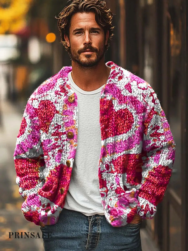 Men’s Colorful Graffiti Fashion Print Casual Loose Sweater Jacket Red / S