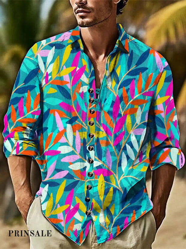 Men’s Colorful Leaves Cotton Summer Casual Beach Shirt Long Sleeve / S