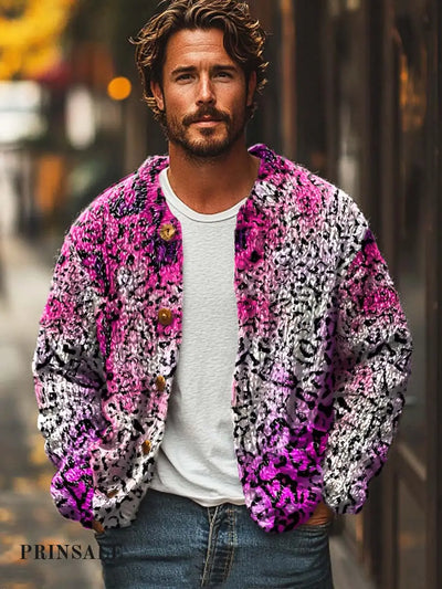 Men’s Colorful Leopard Print Smudge Fashion Temperament Digital Casual Loose Sweater Cardigan