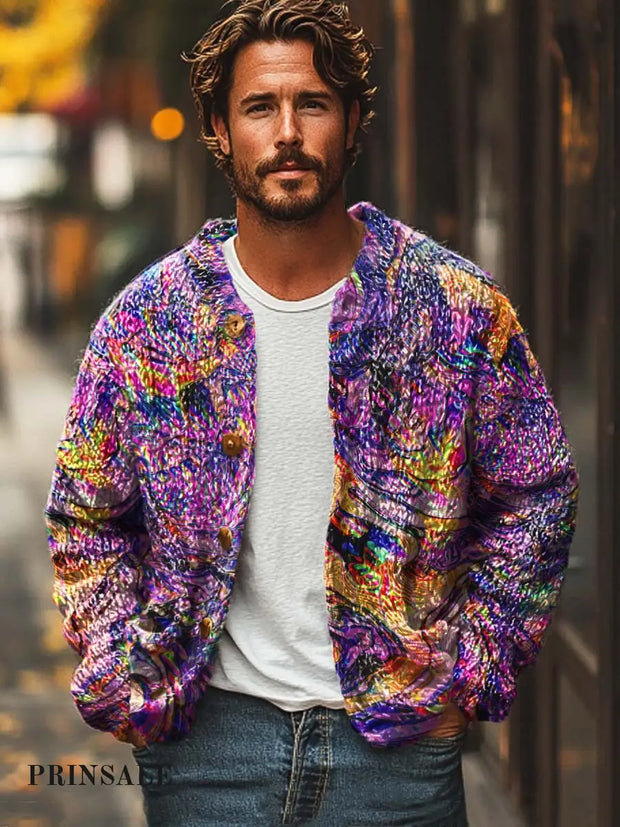 Men’s Colorful Personality Fashion Digital Print Sweater Cardigan Jacket Flower Color / S