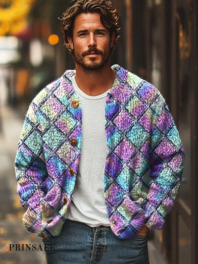 Men’s Colorful Plaid Fashion Print Casual Loose Sweater Jacket Flower Color / S