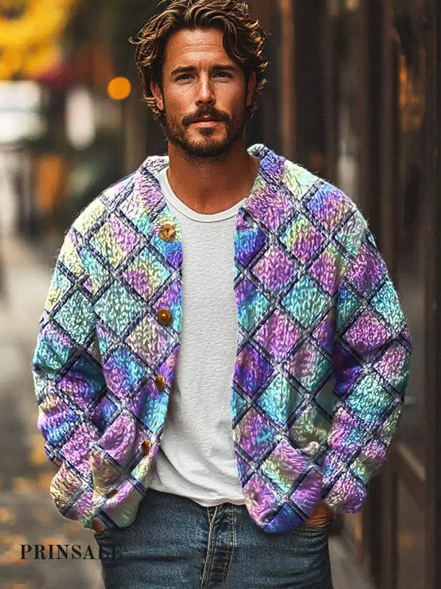 Men’s Colorful Plaid Fashion Print Casual Loose Sweater Jacket Flower Color / S