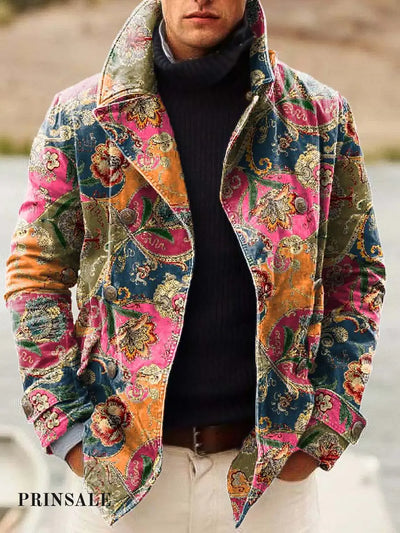 Men’s Colorful Retro Fashion Print Casual Loose Jacket Flower Color / S