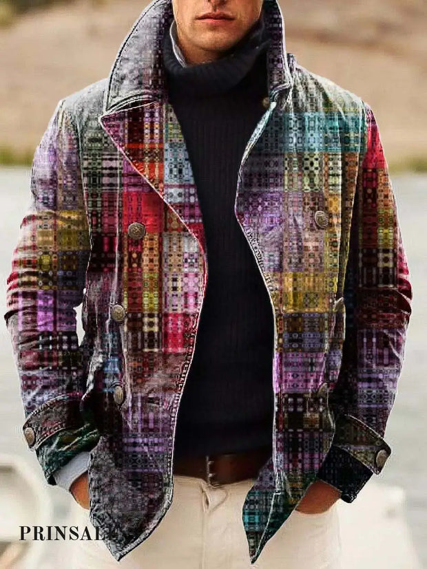 Men’s Colorful Square Art Fashion Digital Print Casual Double-Breasted Jacket Flower Color / S