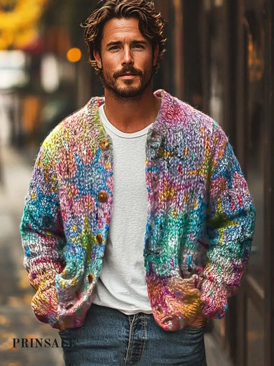 Men’s Colorful Star Fashion Print Loose Long Sleeve Sweater Jacket Flower Color / S