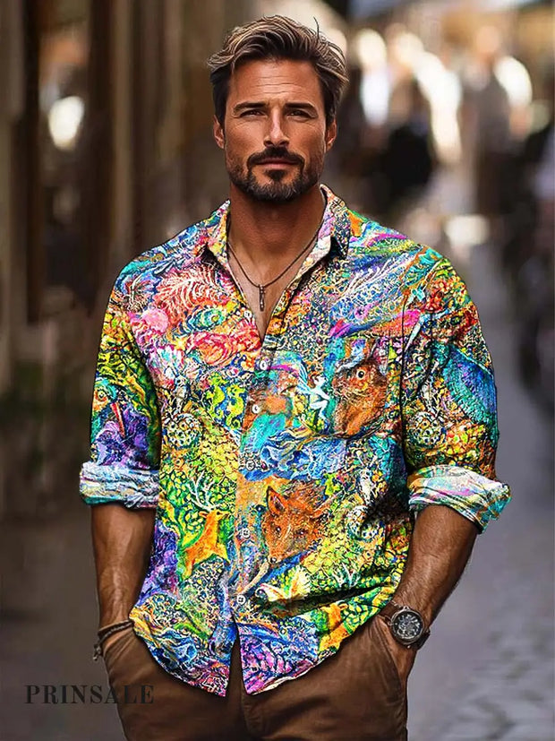 Men’s Cute Animal Fashion Print Loose Long-Sleeved Shirt Flower Color / S