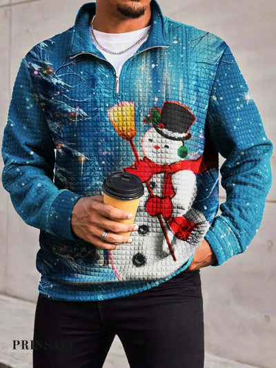 Men’s Cute Fashion Christmas Snowman Print Waffle Gra Chain Neckline Long Sleeve Sweatshirt Blue / S