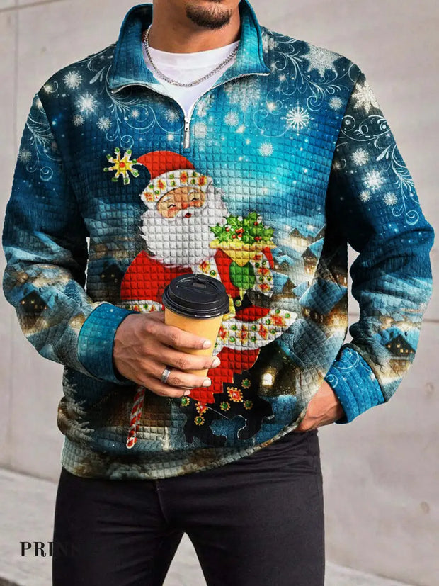 Men’s Cute Festive Santa Claus Trend Print Waffle Zip Neckline Long Sleeve Sweatshirt Flower