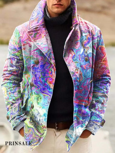 Men’s Double-Breasted Jacket With Color Smudge Art Fashion Print Flower Color / S