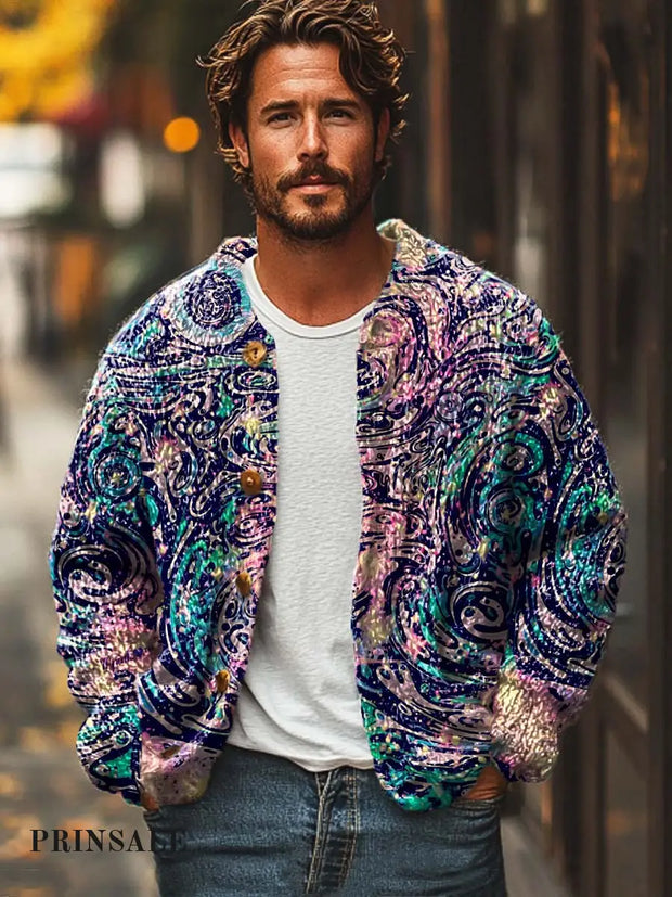 Men’s Dreamy Fashion Elegant Digitally Printed Sweater Cardigan Jacket Flower Color / S