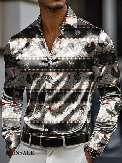 Men’s Easter Stripe Rooster Print Premium Satin Long Sleeve Shirt Colorful / S