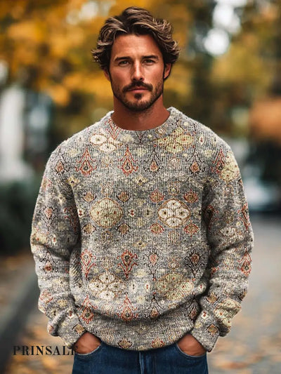 Men’s Elegant Ethnic Texture Art Print Long-Sleeved Crewneck Sweater Flower Color / S