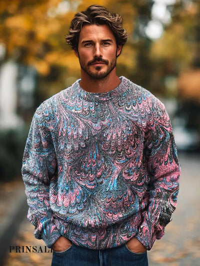 Men’s Elegant Gentleman Versatile Printed Crewneck Sweater Flower Color / S