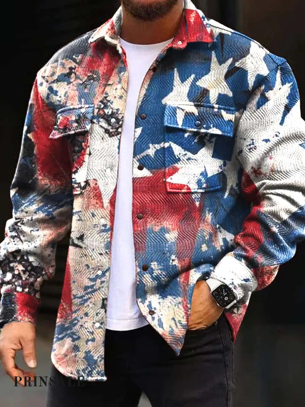 Men’s Fashion Abstract American Flag Print Cardigan Coat Flower Color / S