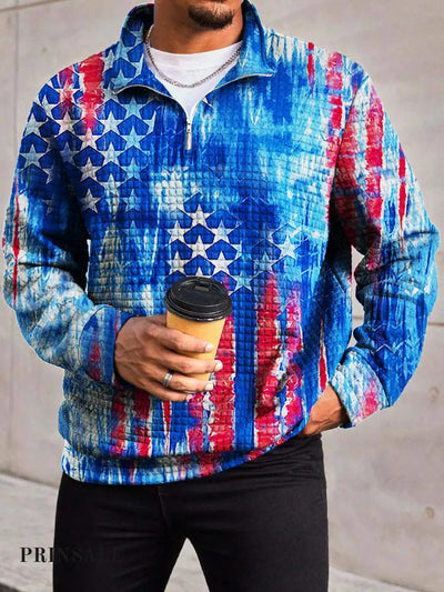 Men’s Fashion Abstract American Flag Print Waffle Check Zip-Up Front Collar Hoodie Flower Color / S