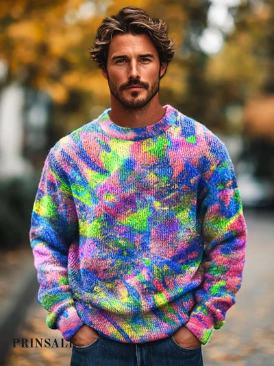 Men’s Fashion Abstract Art Crew Neck Sweater Flower Color / S