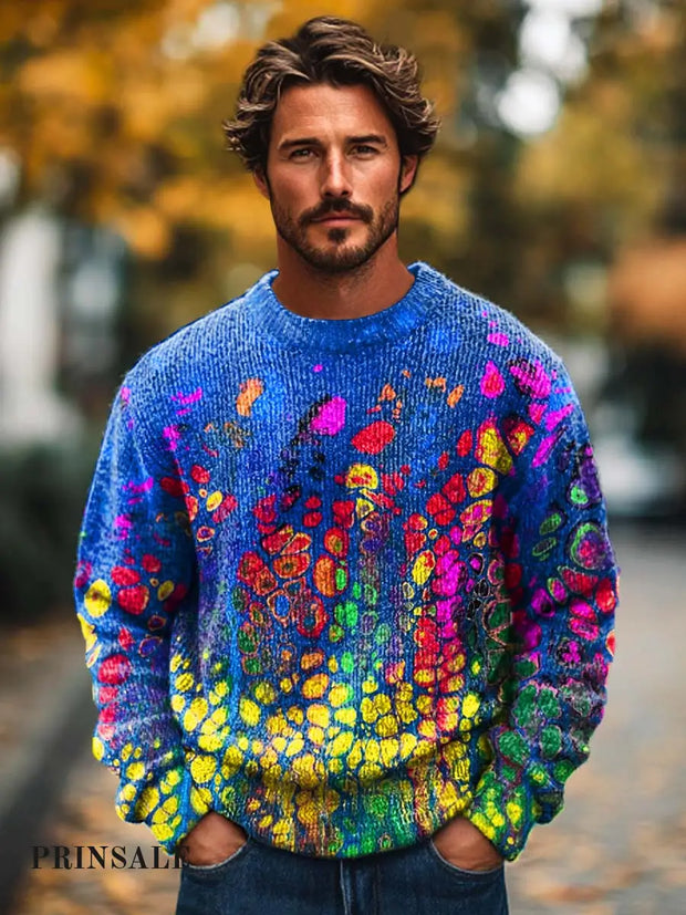 Men’s Fashion Abstract Art Gradient Texture Printed Knit Crew-Neck Sweater Flower Color / S