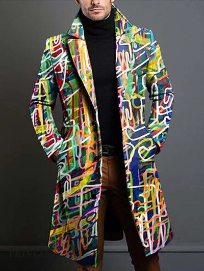 Men’s Fashion Abstract Art Graffiti Print Lapel Wool Coat Flower Color / S