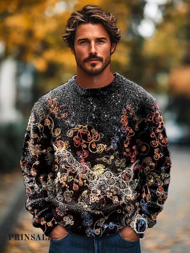 Men’s Fashion Abstract Art Print Crew Neck Sweater Flower Color / S