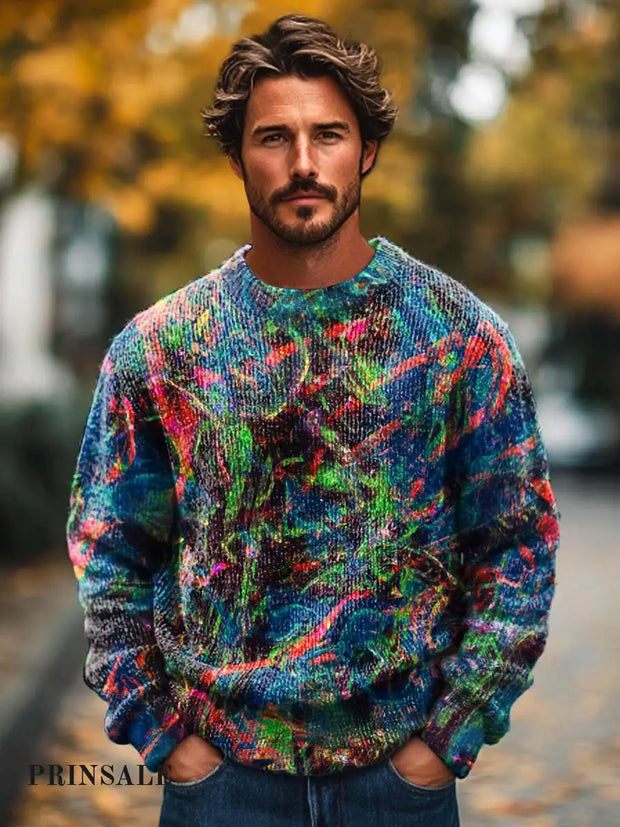 Men’s Fashion Abstract Art Print Crewneck Sweater Flower Color / S