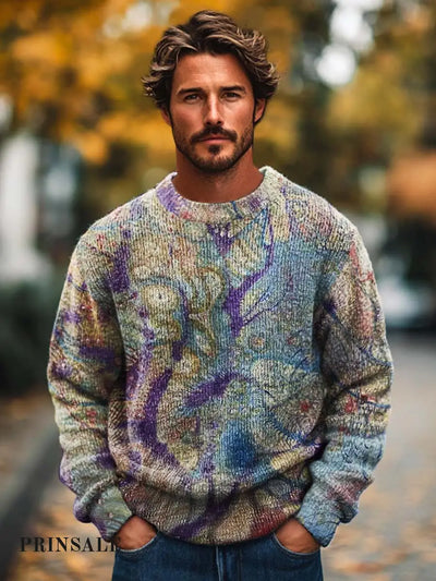 Men’s Fashion Abstract Art Print Long Sleeve Crew Neck Sweater Flower Color / S