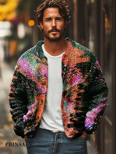 Men’s Fashion Abstract Art Print Long Sleeve Sweater Cardigan Flower Color / S