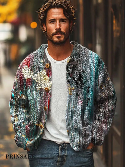 Men’s Fashion Abstract Art Print Long Sleeve Sweater Cardigan Flower Color / S