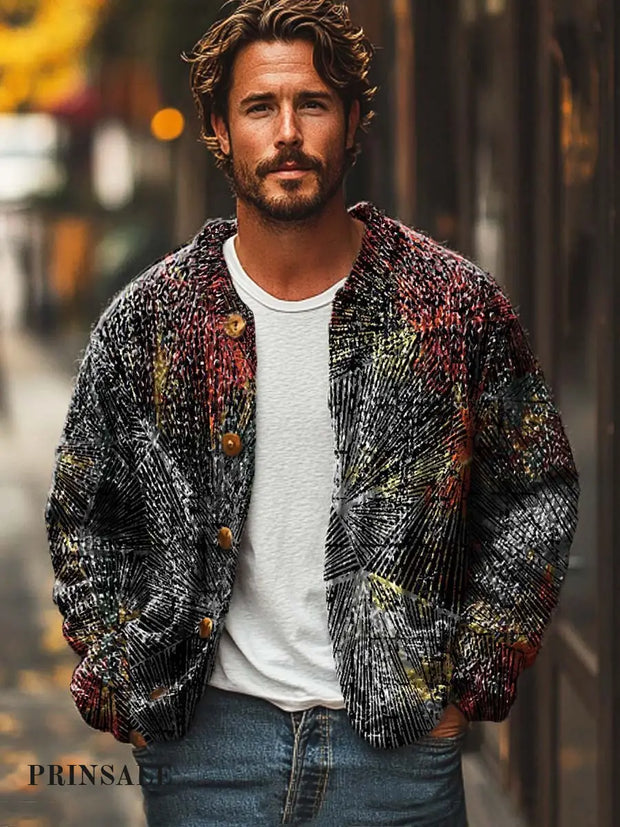 Men’s Fashion Abstract Art Print Long Sleeve Sweater Cardigan Flower Color / S