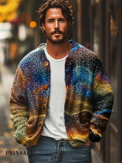 Men’s Fashion Abstract Art Print Sweater Cardigan Flower Color / S