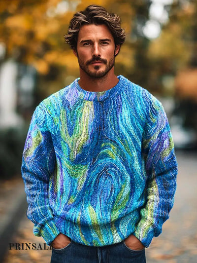 Men’s Fashion Abstract Art Texture Print Long Sleeve Knitted Crew Neck Sweater Flower Color / S