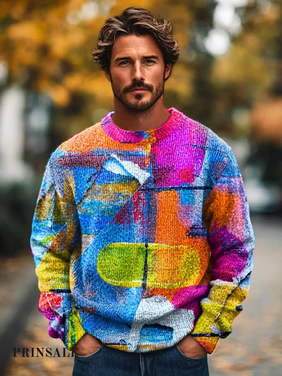 Men’s Fashion Abstract Art Textured Crewneck Sweater Flower Color / S