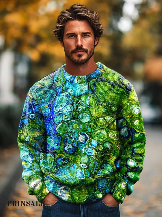 Men’s Fashion Abstract Art Textured Crewneck Sweater Flower Color / S